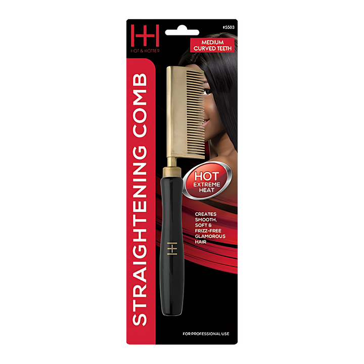Hot & Hotter Thermal Straightening Comb Medium Teeth Curved, 1 Count, Black & Gold