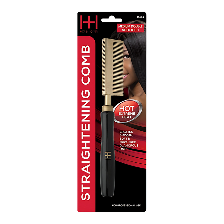 Hot & Hotter Thermal Straightening Comb Medium Teeth Double Sided, 1 Count, Black & Gold