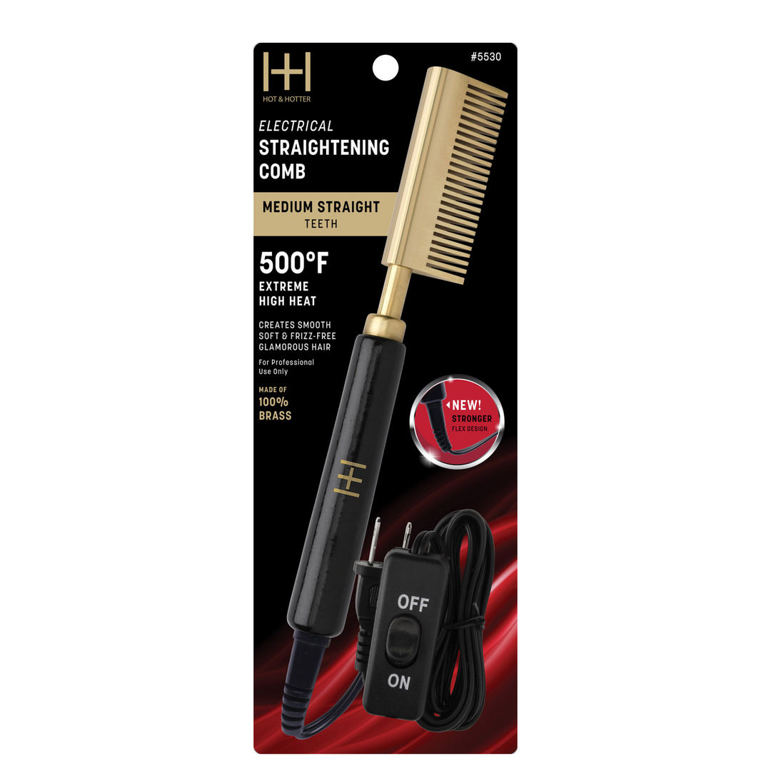 Hot & Hotter Electric Straightening Comb Medium Straight Teeth, 1 Count, Black & Gold