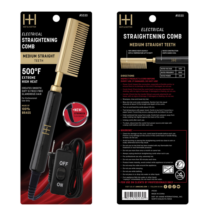 Hot & Hotter Electric Straightening Comb Medium Wide Teeth, 1 Count, Black & Gold