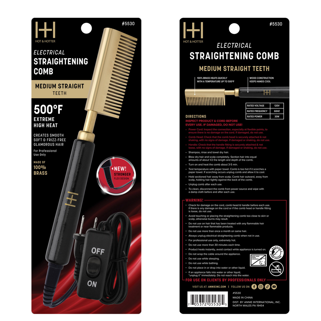 Hot & Hotter Electric Straightening Comb Medium Straight Teeth, 1 Count, Black & Gold