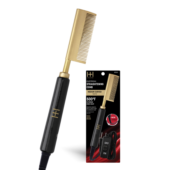 Hot & Hotter Electric Straightening Comb Medium Curved Teeth, 1 Count, Black & Gold