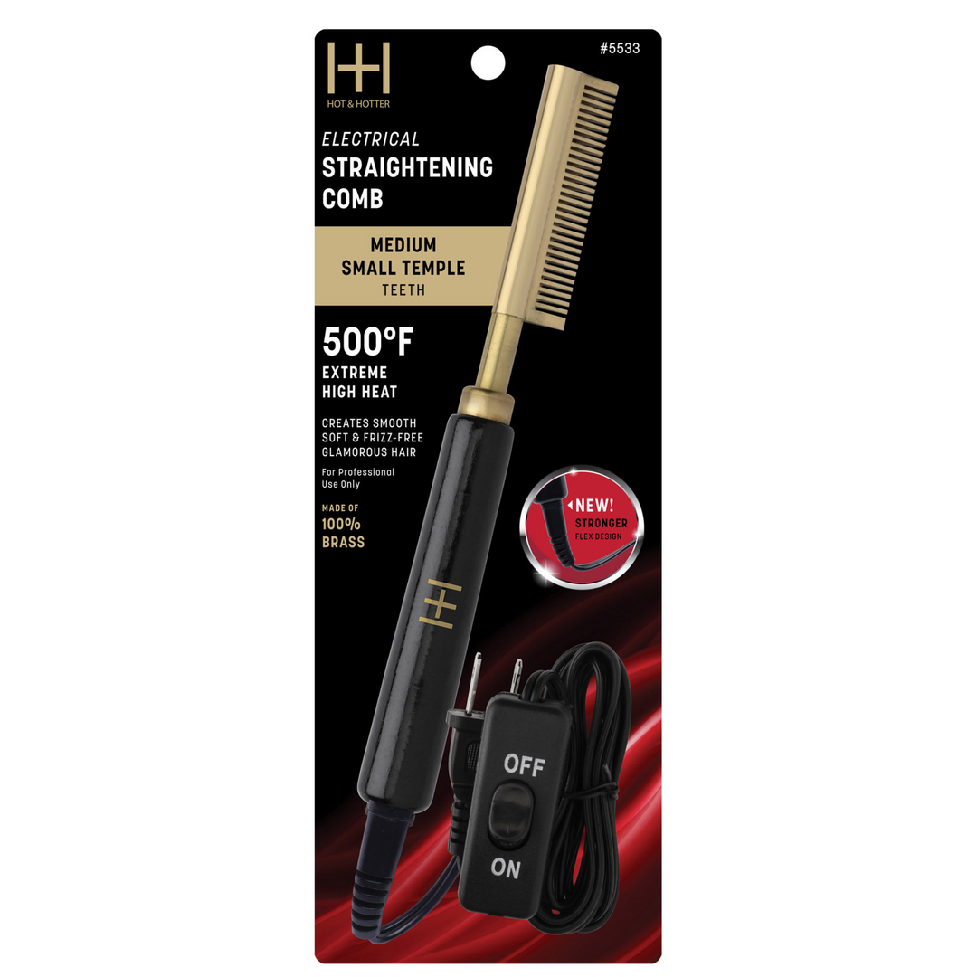 Hot & Hotter Electric Straightening Comb Medium Teeth Small, 1 Count, Black & Gold
