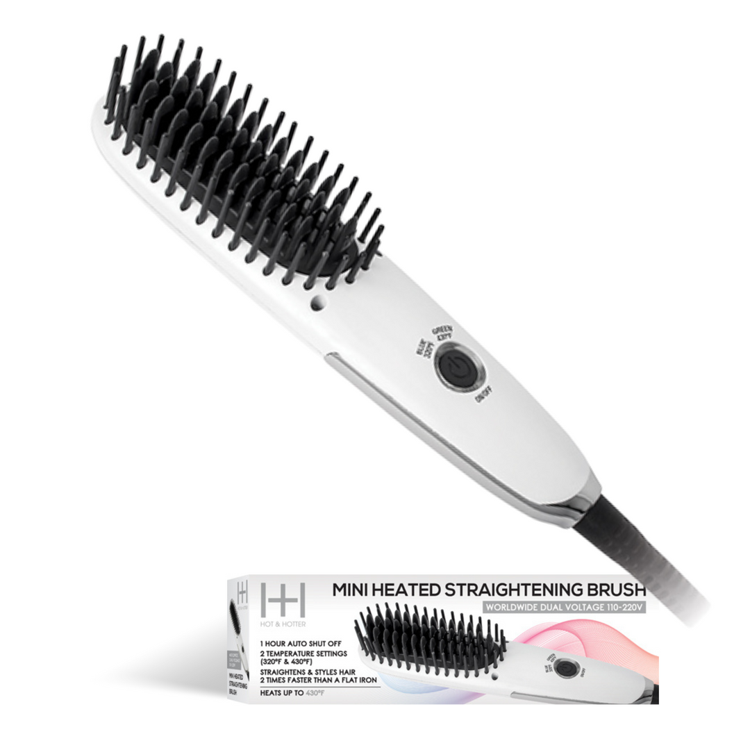 Hot & Hotter Mini Heated Straightening Brush, 1 Count Small Hot Styling Brush, White