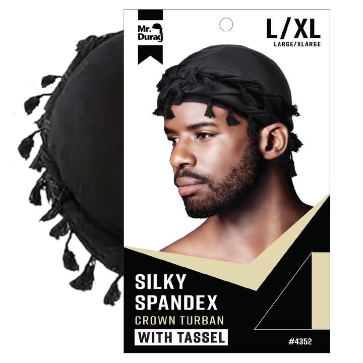 Mr. Durag Silky Spandex Crown Turban with Tassel L/XL, 1 Count Men's Halo Turban, Black