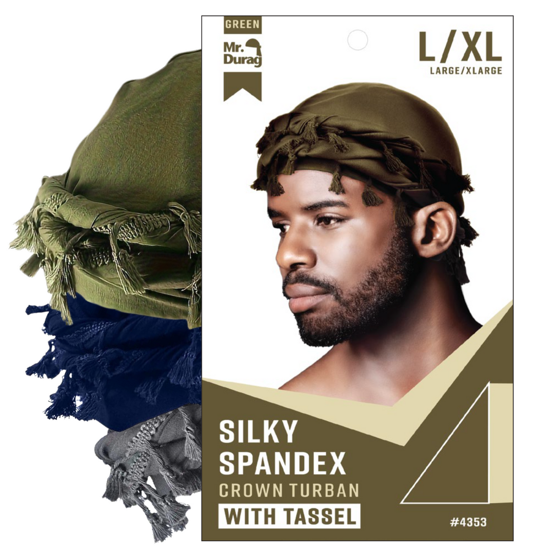Mr. Durag Silky Spandex Crown Turban with Tassels Large / X-Large, 1 Count, Assorted Colors