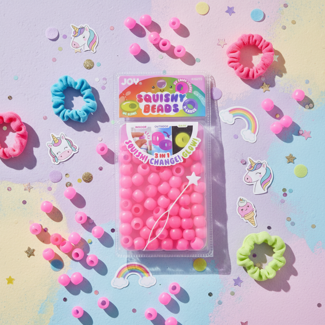 Joy Round Squishy Hair Beads X-Large, 80 Count, UV Glow-in-Dark Pink