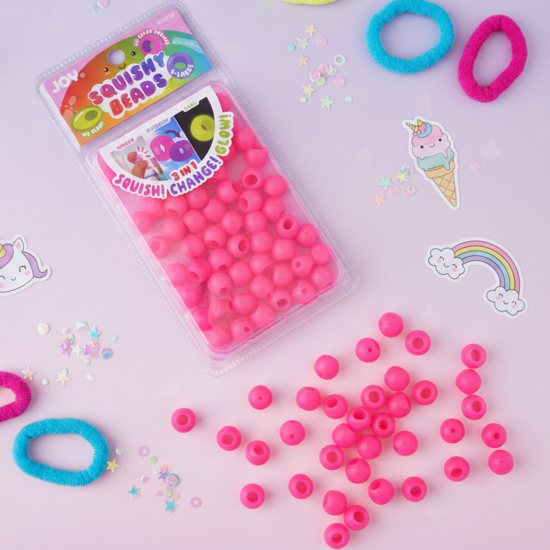 Joy Round Squishy Hair Beads X-Large, 80 Count, UV Glow-in-Dark Hot Pink