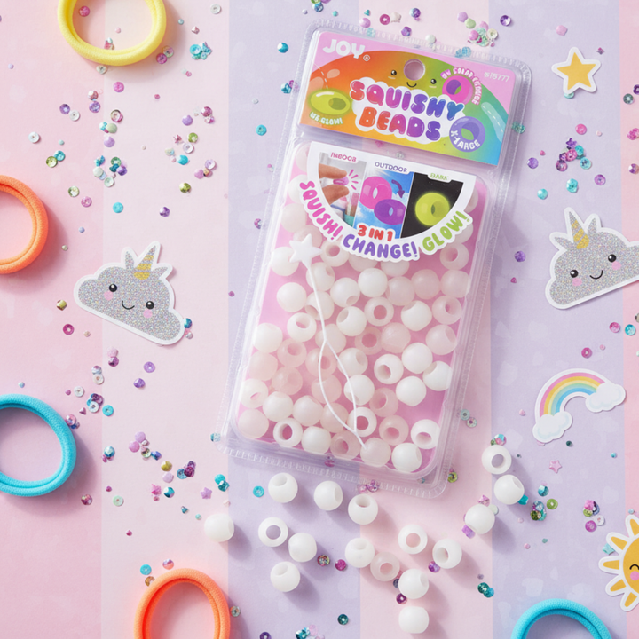 Joy Round Squishy Hair Beads X-Large, 80 Count, UV Glow-in-Dark White Mix