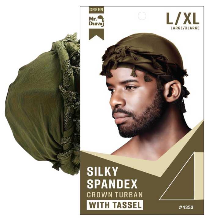Mr. Durag Silky Spandex Crown Turban with Tassels Large / X-Large, 1 Count, Assorted Colors