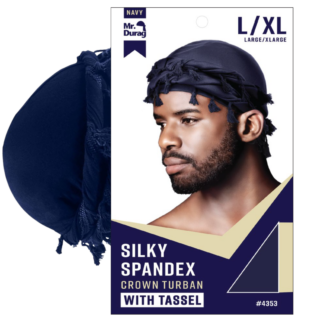 Mr. Durag Silky Spandex Crown Turban with Tassels Large / X-Large, 1 Count, Assorted Colors