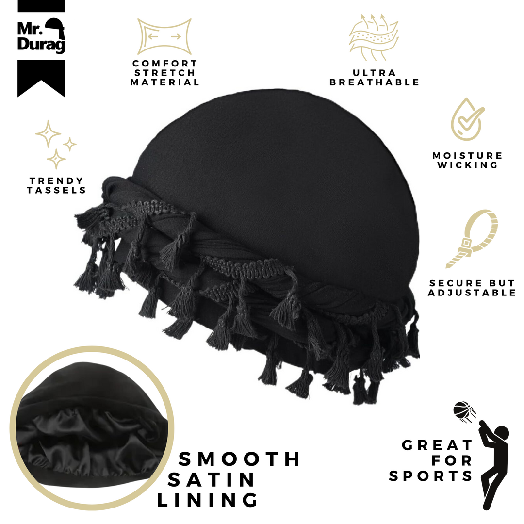 Mr. Durag Silky Spandex Crown Turban with Tassel L/XL, 1 Count Men's Halo Turban, Black