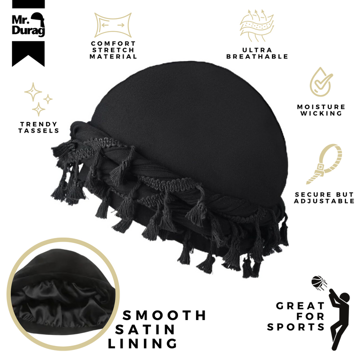 Mr. Durag Silky Spandex Crown Turban with Tassel L/XL, 1 Count Men's Halo Turban, Black