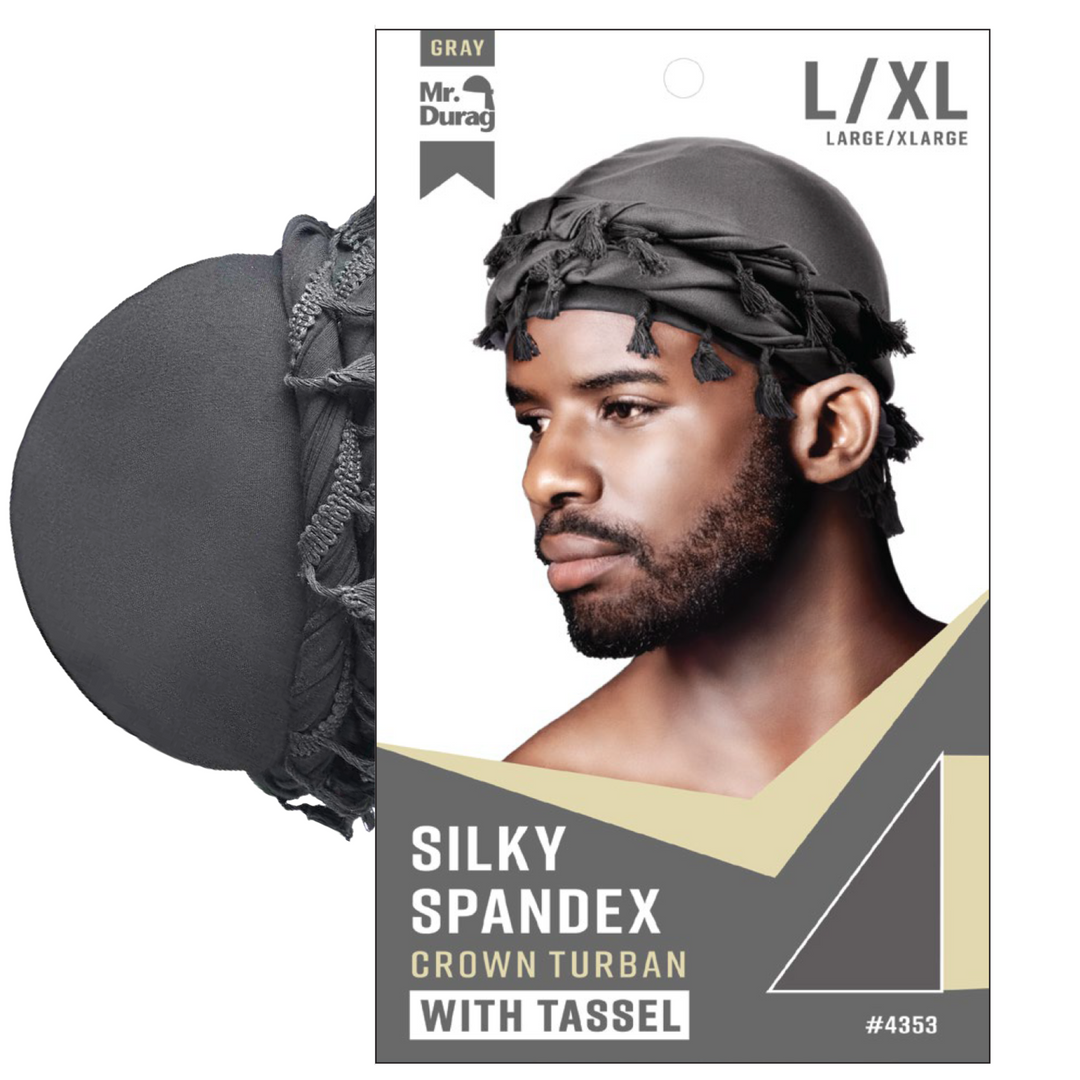 Mr. Durag Silky Spandex Crown Turban with Tassels Large / X-Large, 1 Count, Assorted Colors
