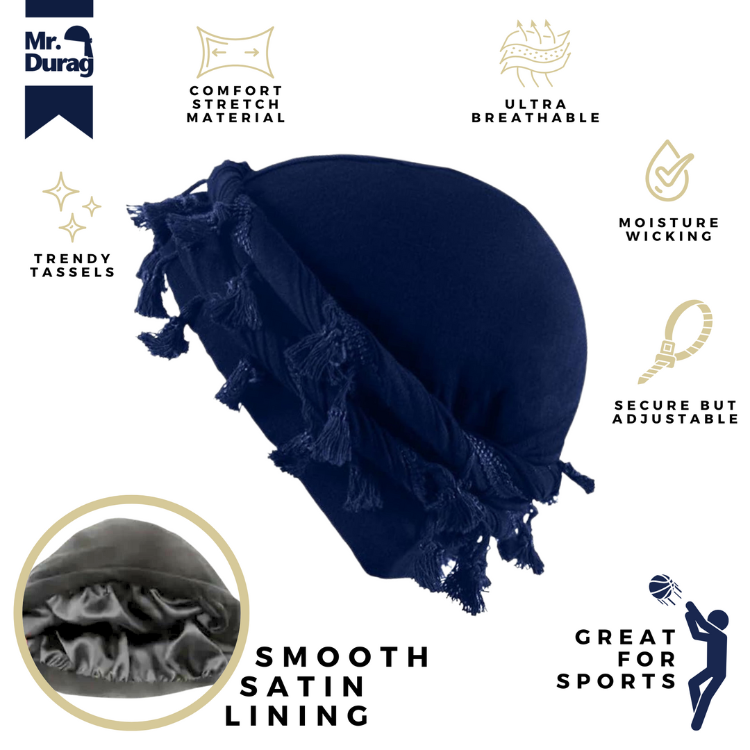 Mr. Durag Silky Spandex Crown Turban with Tassels Large / X-Large, 1 Count, Assorted Colors