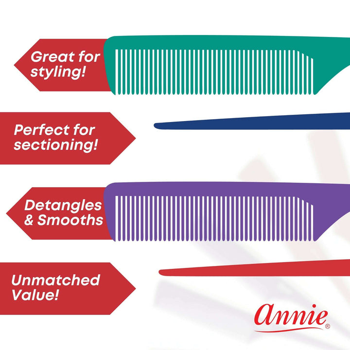 Annie Rat Tail Comb Set, 12 Count, Assorted Colors