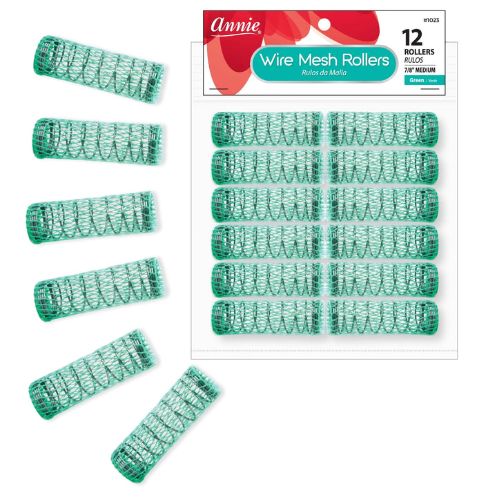 Annie Wire Mesh Hair Rollers 7/8 Inch Medium, 12 Count, Green