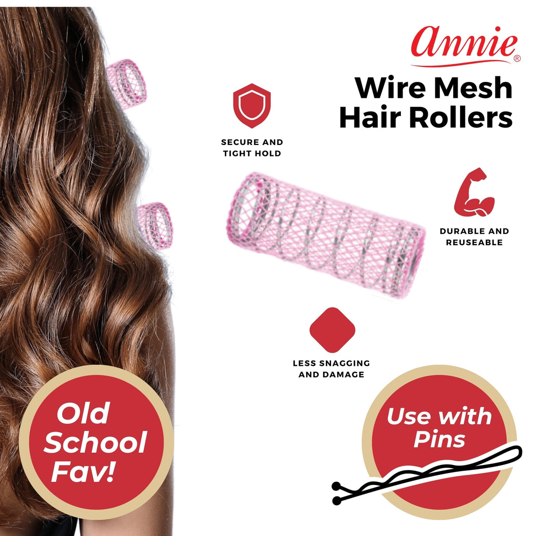 Annie Wire Mesh Hair Rollers 1 1/8 Inch Large, 12 Count, Pink