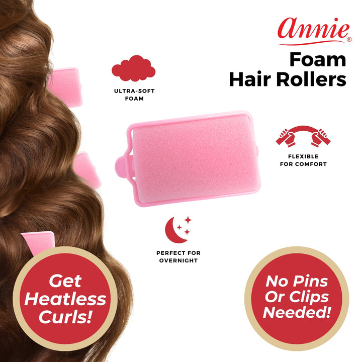 Annie Foam Hair Rollers 1 1/2 Inch Jumbo, 6 Count, Pink