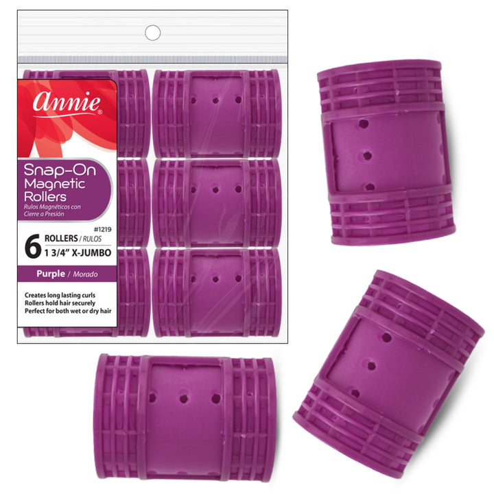 Annie Snap-On Magnetic Hair Rollers 1 3/4 Inch X-Jumbo, 6 Count, Purple