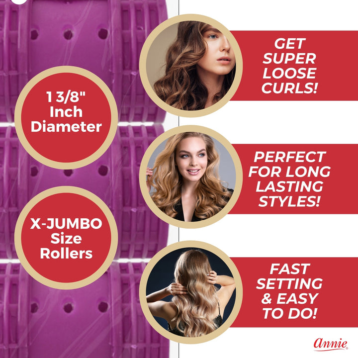 Annie Snap-On Magnetic Hair Rollers 1 3/4 Inch X-Jumbo, 6 Count, Purple