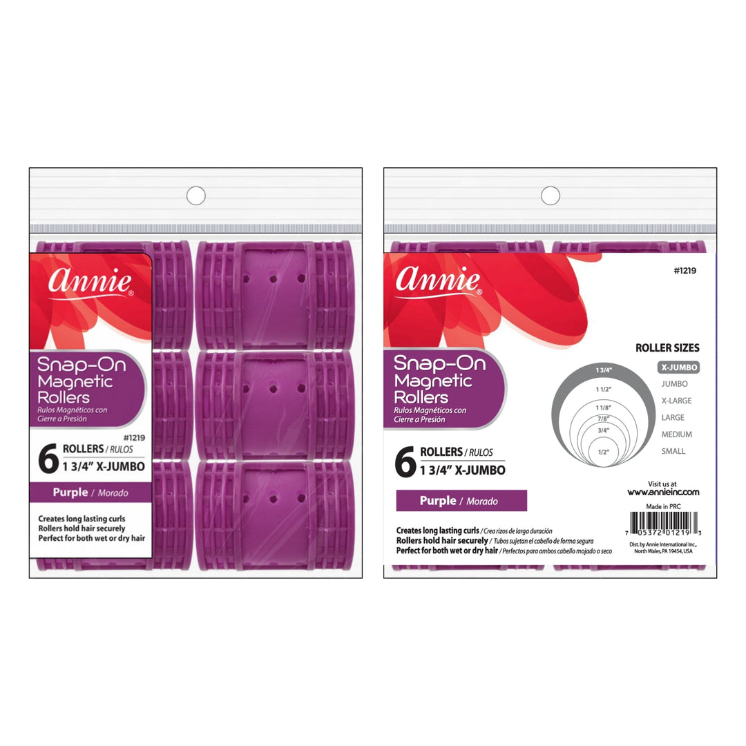 Annie Snap-On Magnetic Hair Rollers 1 3/4 Inch X-Jumbo, 6 Count, Purple