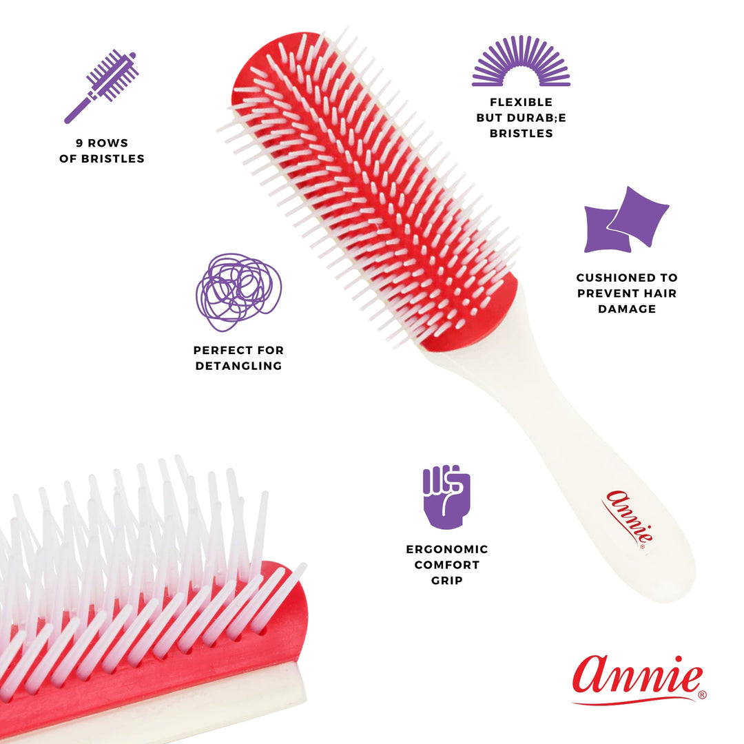 Annie Ergo 9 Row Rubber Cushion Detangling Brush, 1 Count, Red & White