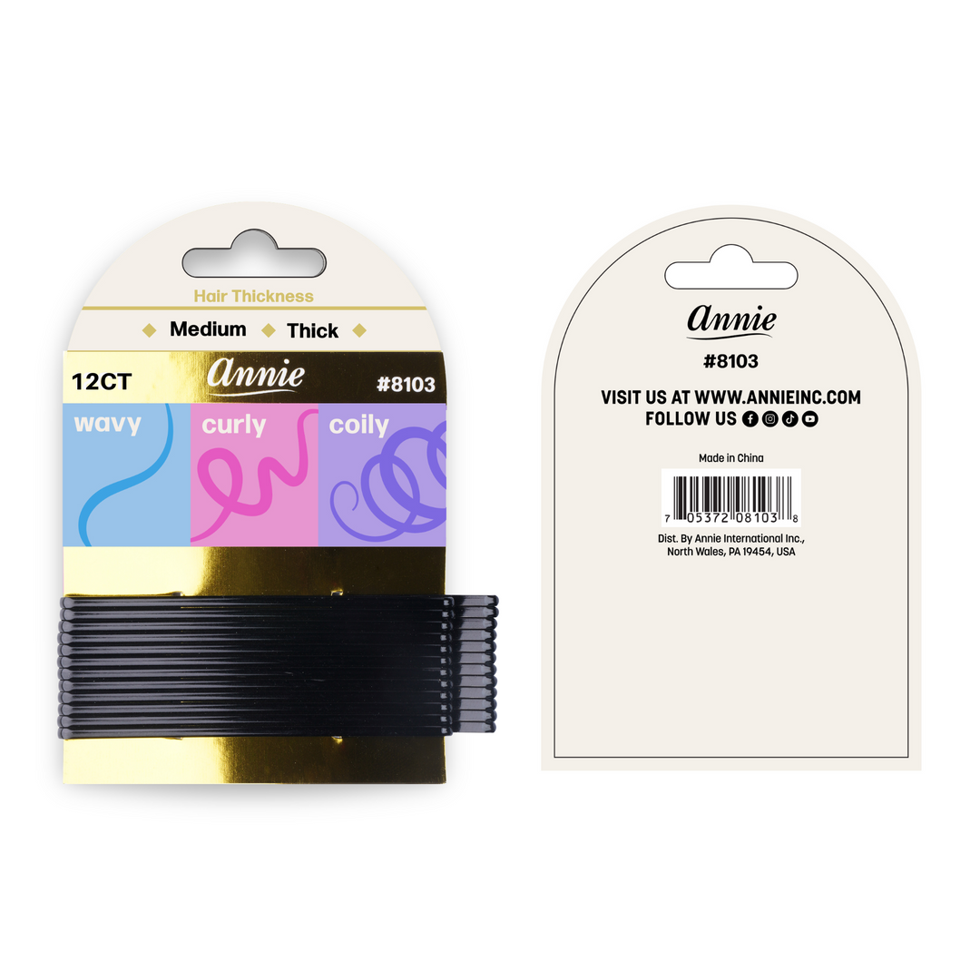 Annie Extra Jumbo Curved Hair Pin 9cm, 12 Count Fancy Styling Pin, Black