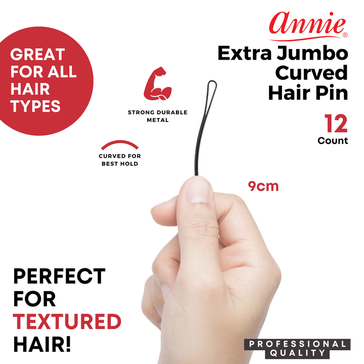 Annie Extra Jumbo Curved Hair Pin 9cm, 12 Count Fancy Styling Pin, Black