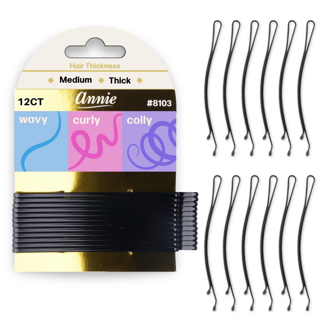 Annie Extra Jumbo Curved Hair Pin 9cm, 12 Count Fancy Styling Pin, Black