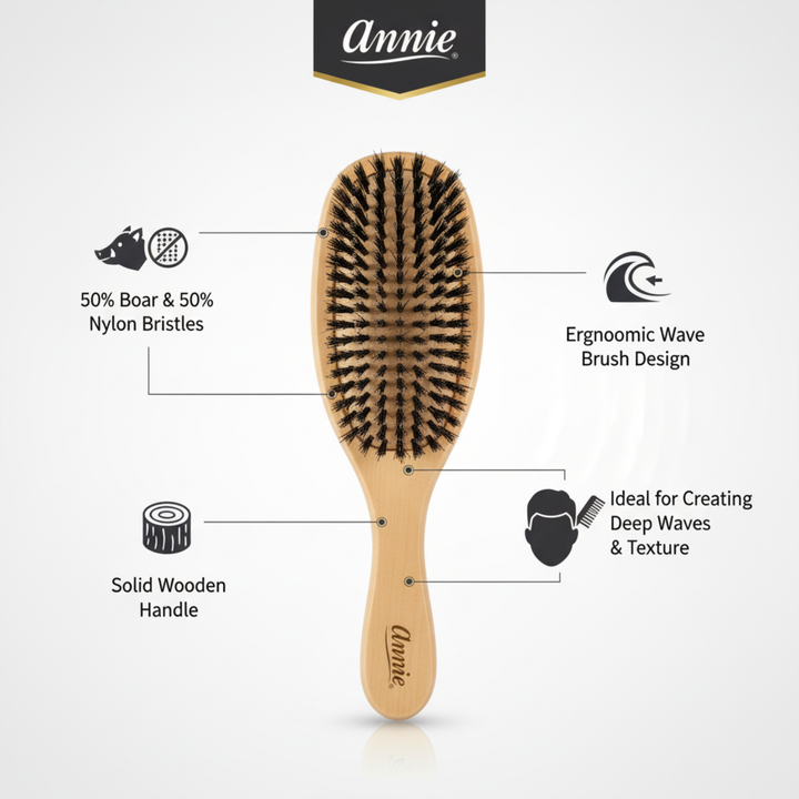Annie Hard Boar & Nylon Bristle Wave Brush, 1 Count, Light Brown
