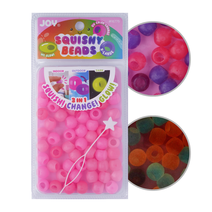 Joy Round Squishy Hair Beads X-Large, 80 Count, UV Glow-in-Dark Pink