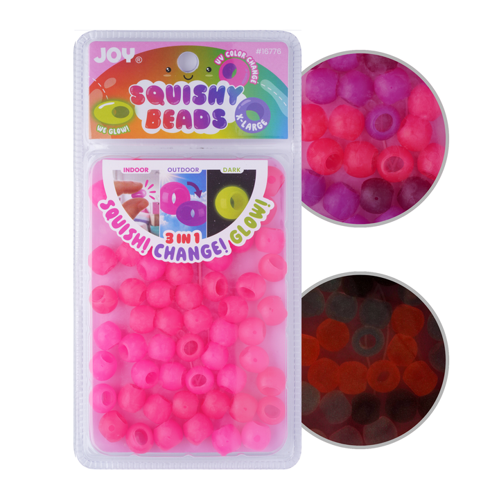 Joy Round Squishy Hair Beads X-Large, 80 Count, UV Glow-in-Dark Hot Pink