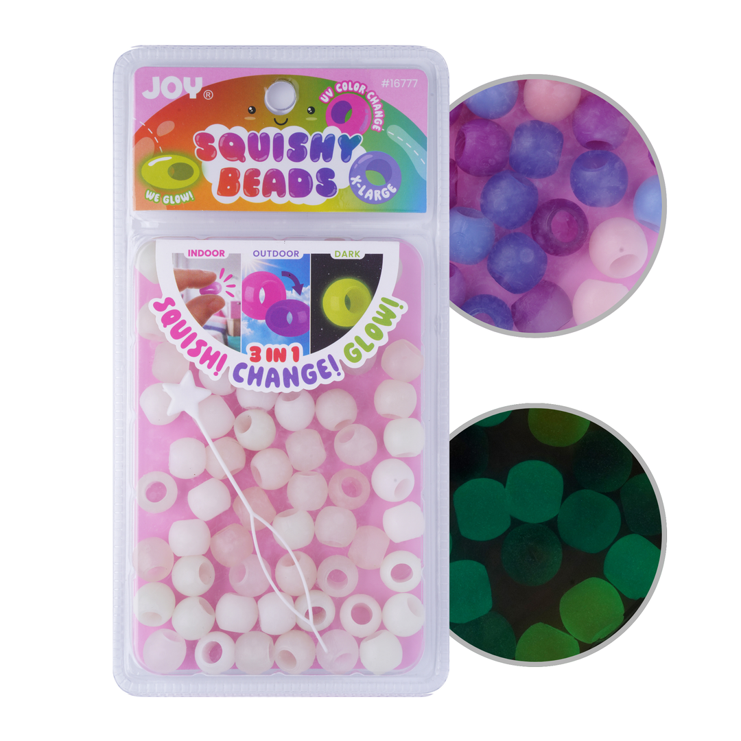 Joy Round Squishy Hair Beads X-Large, 80 Count, UV Glow-in-Dark White Mix