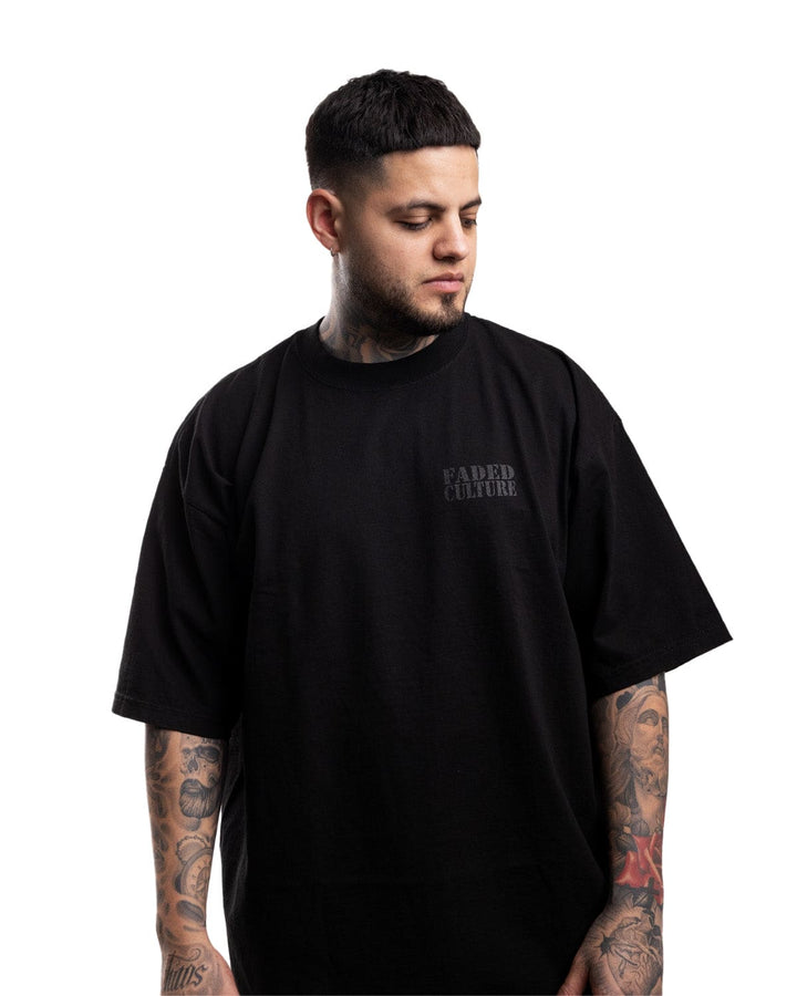 #color_black_black 7.5 oz. Max heavyweight garment dye, Prison T-shirt  oversized shirt with black print #color_black-black