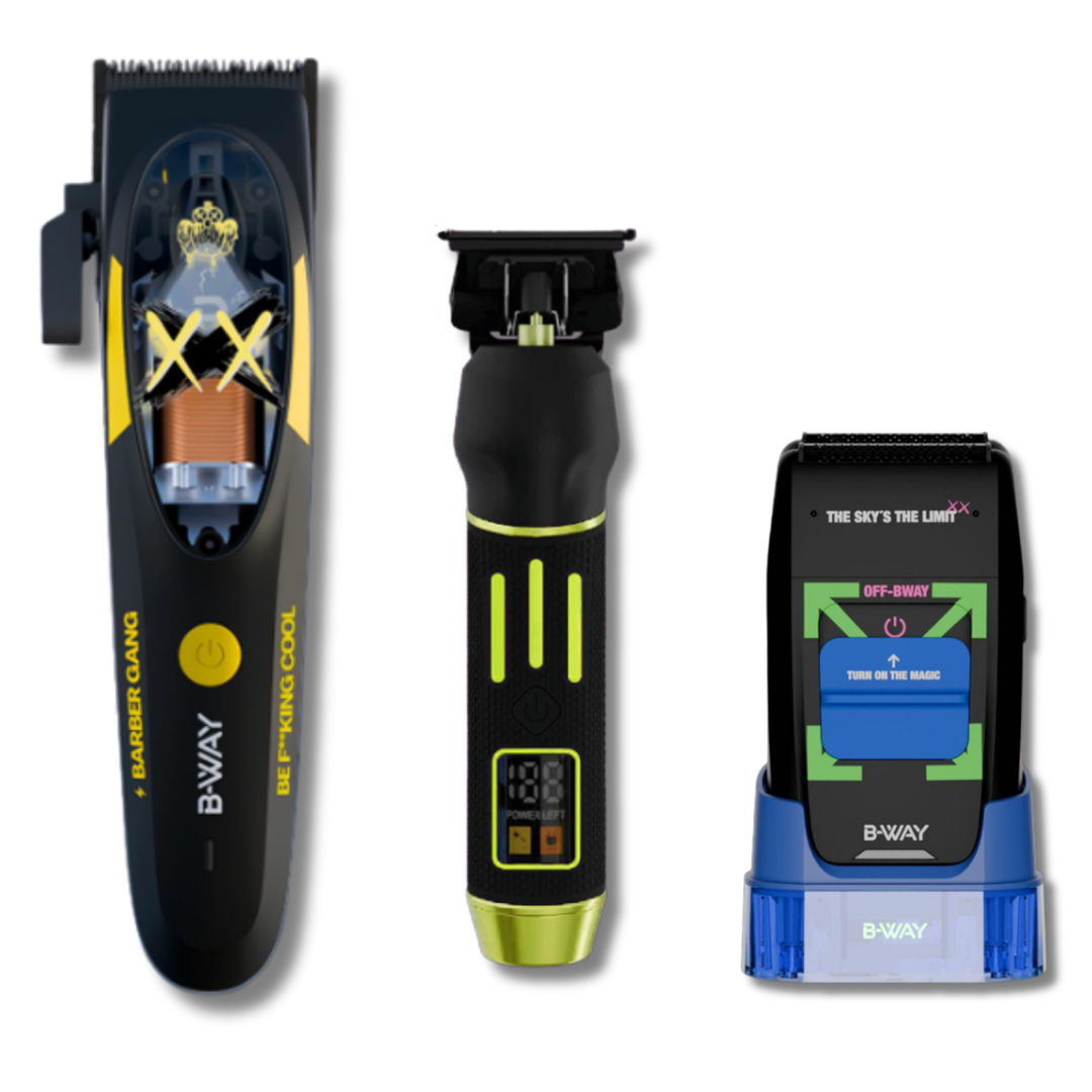 B-WAY Professional Barber Kit – Cordless Hair Clipper, Trimmer & Foil Shaver Set – B10K 10,000 RPM Clipper, Golden Gate Detail Trimmer & OFF Black Shaver for Fades, Haircuts & Finishing