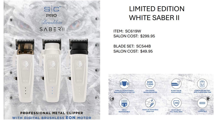 StyleCraft Saber II Clipper & Saber Trimmer Combo White - Free Barber Plug comb brush (Pre Order)