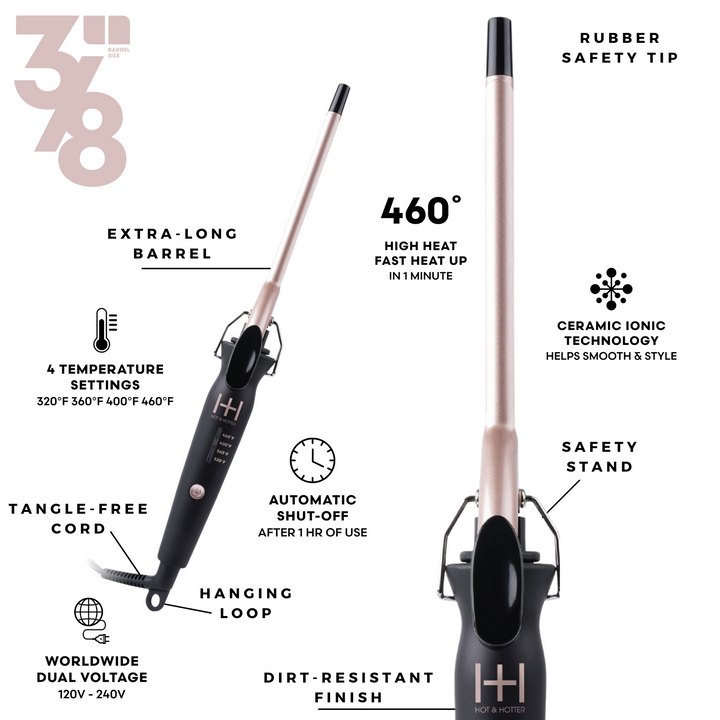 Hot & Hotter Extra Long Ceramic Tourmaline Curling Iron 3/8 Inch, 1 Count, Black & Gold