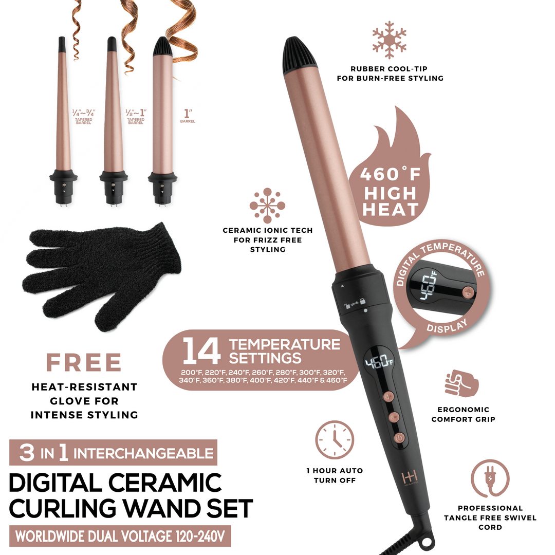 Hot & Hotter 3 in 1 Interchangeable Digital Curling Wand Set, 1 Count, Black & Rose Gold