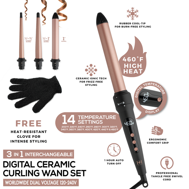 Hot & Hotter 3 in 1 Interchangeable Digital Curling Wand Set, 1 Count, Black & Rose Gold