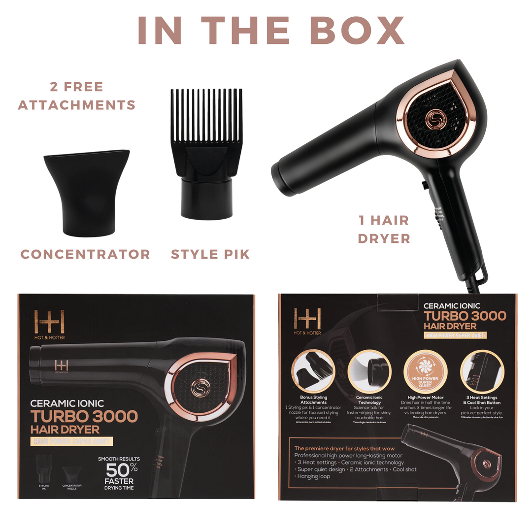 Hot & Hotter Ceramic Ionic Turbo 3000 Hair Dryer, 1 Count, Black & Rose Gold