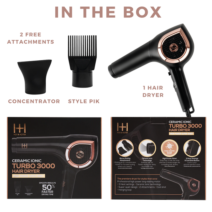 Hot & Hotter Ceramic Ionic Turbo 3000 Hair Dryer, 1 Count, Black & Rose Gold