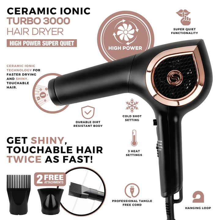 Hot & Hotter Ceramic Ionic Turbo 3000 Hair Dryer, 1 Count, Black & Rose Gold