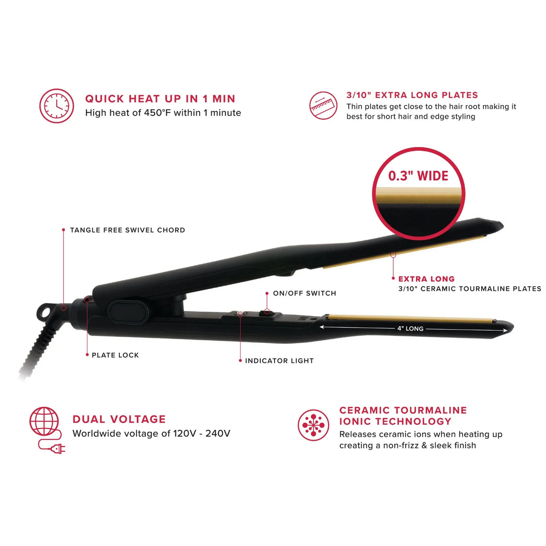 Hot & Hotter Pencil Ceramic Tourmaline Flat Iron 3/10 Inch, 1 Count Thin Hair Straightener, Black