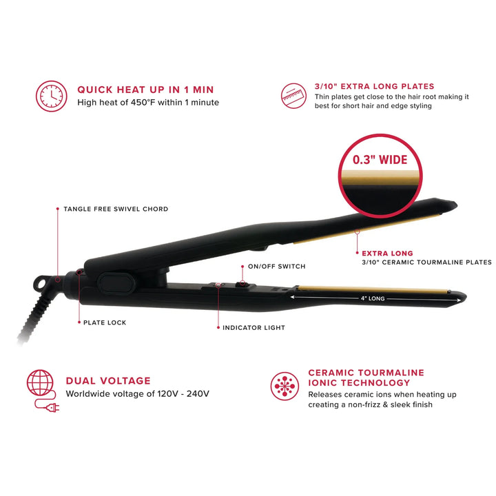 Hot & Hotter Pencil Ceramic Tourmaline Flat Iron 3/10 Inch, 1 Count Thin Hair Straightener, Black