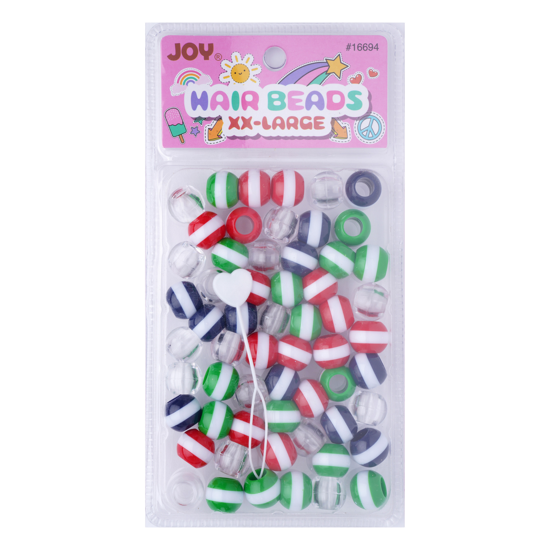 Joy Round Hair Beads XX-Large Size, 60 Count, Assorted Stripe Clear Mix