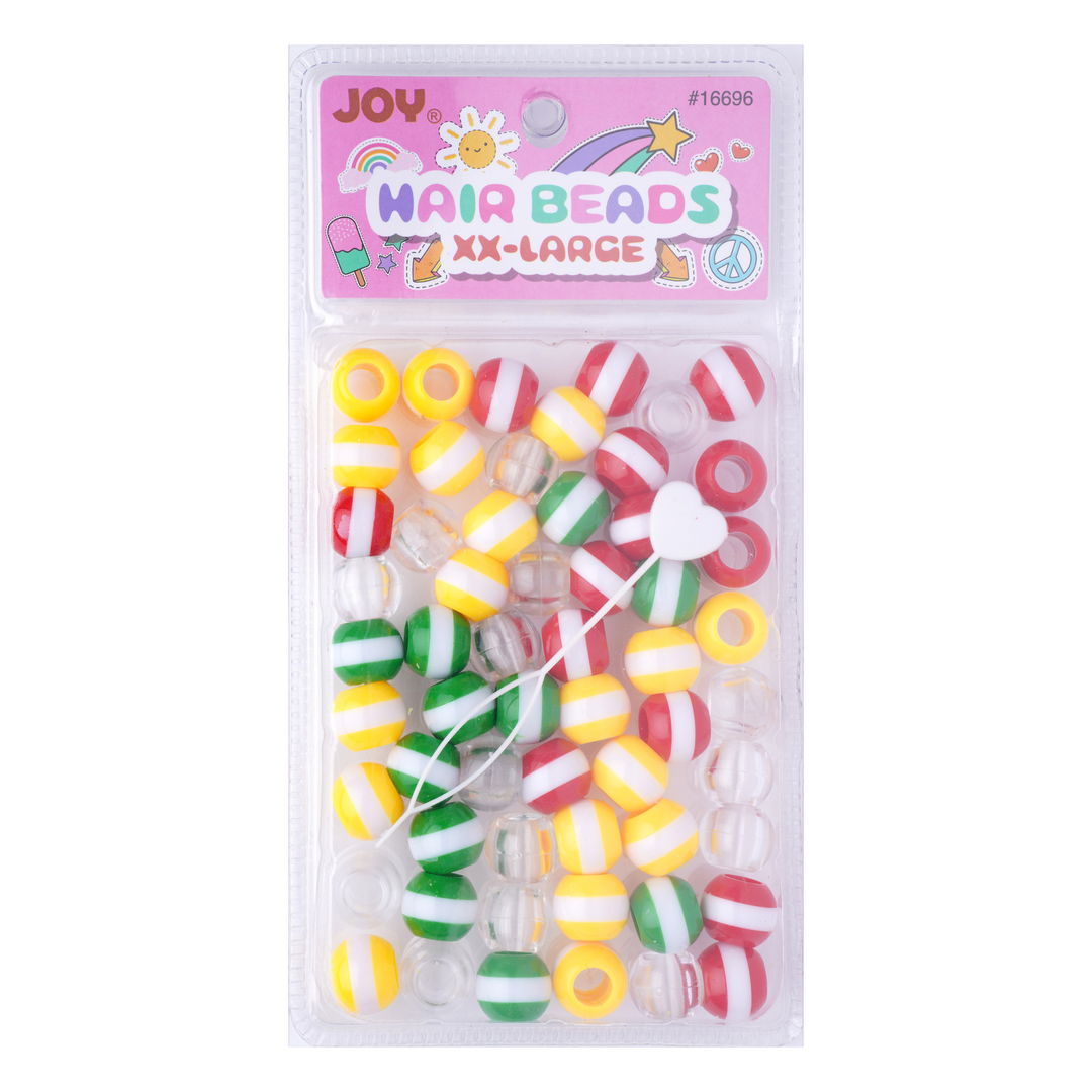 Joy Round Hair Beads XX-Large Size, 60 Count, Assorted Stripe Clear Mix