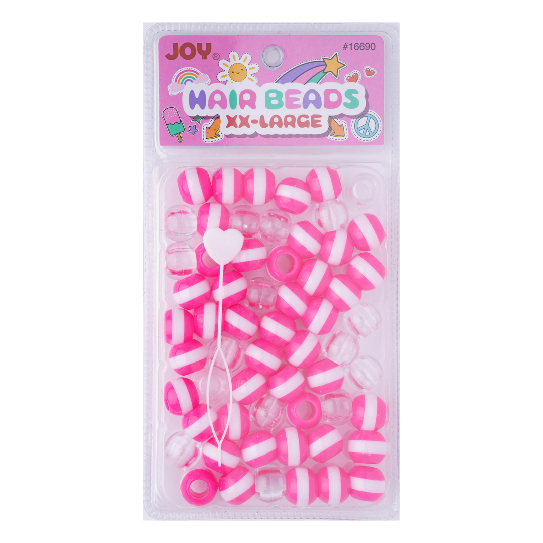 Joy Round Hair Beads XX-Large Size, 60 Count, Neon Pink Stripe Clear Mix