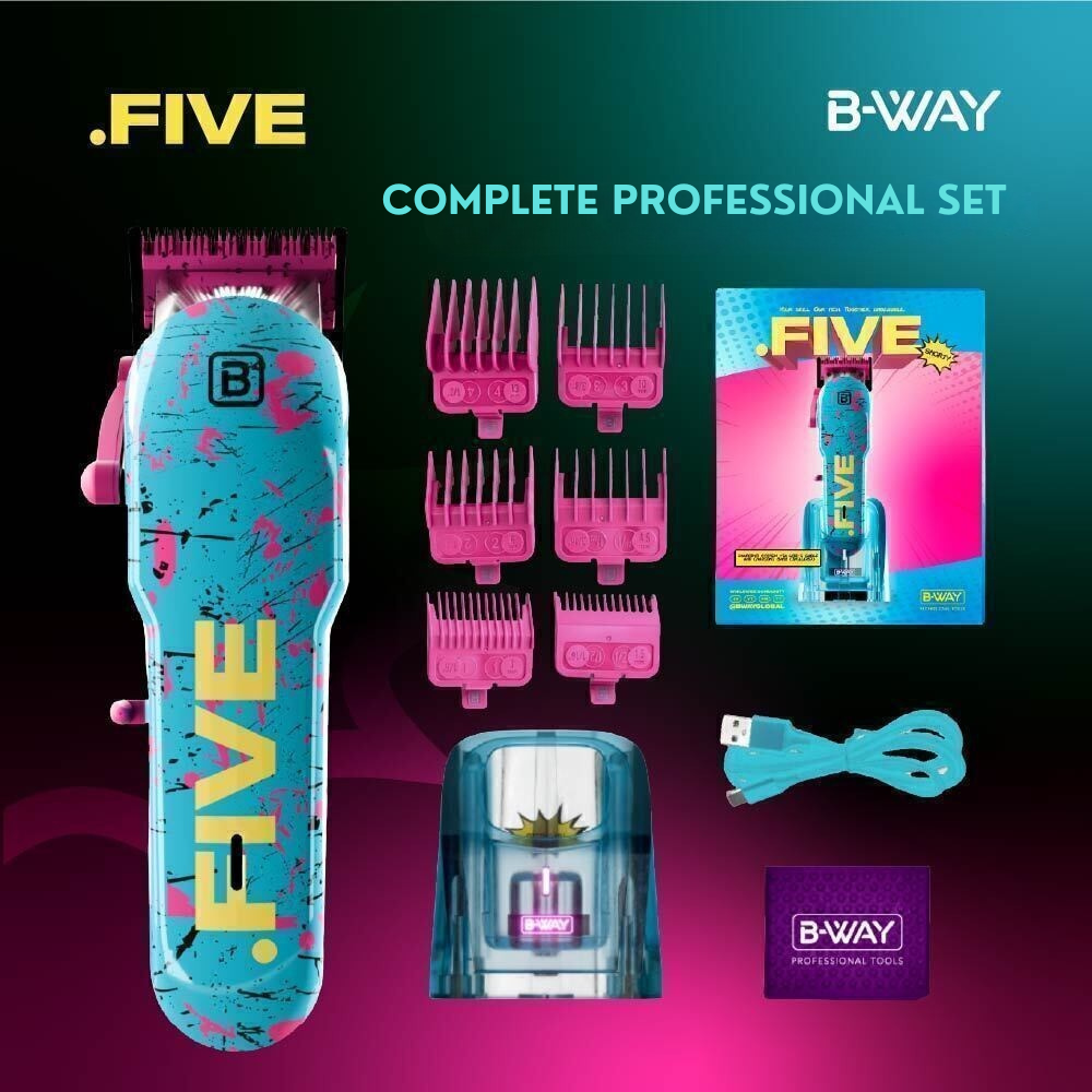 B-Way NEW Five Shorty Clipper, T-Pro Trimmer & OFF Shaver – Professional 3-in-1 Barber Set with Free Barber Cape