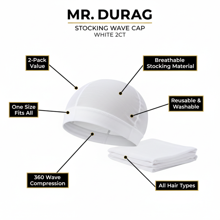 Mr. Durag Stocking Wave Cap, 2 Count, White